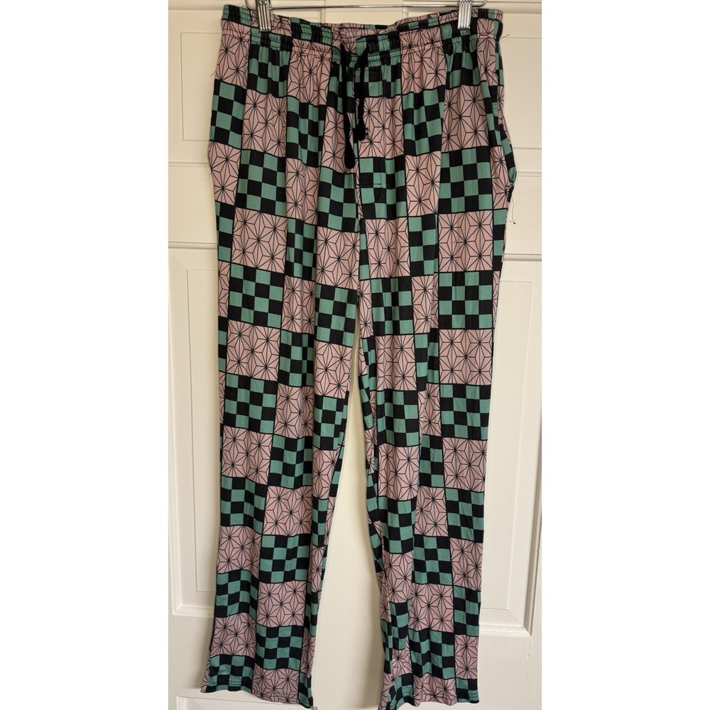 Demon Slayer Tanjiro Kamado Pajama Pants Green Black Checkered Anime Lounge Sz M